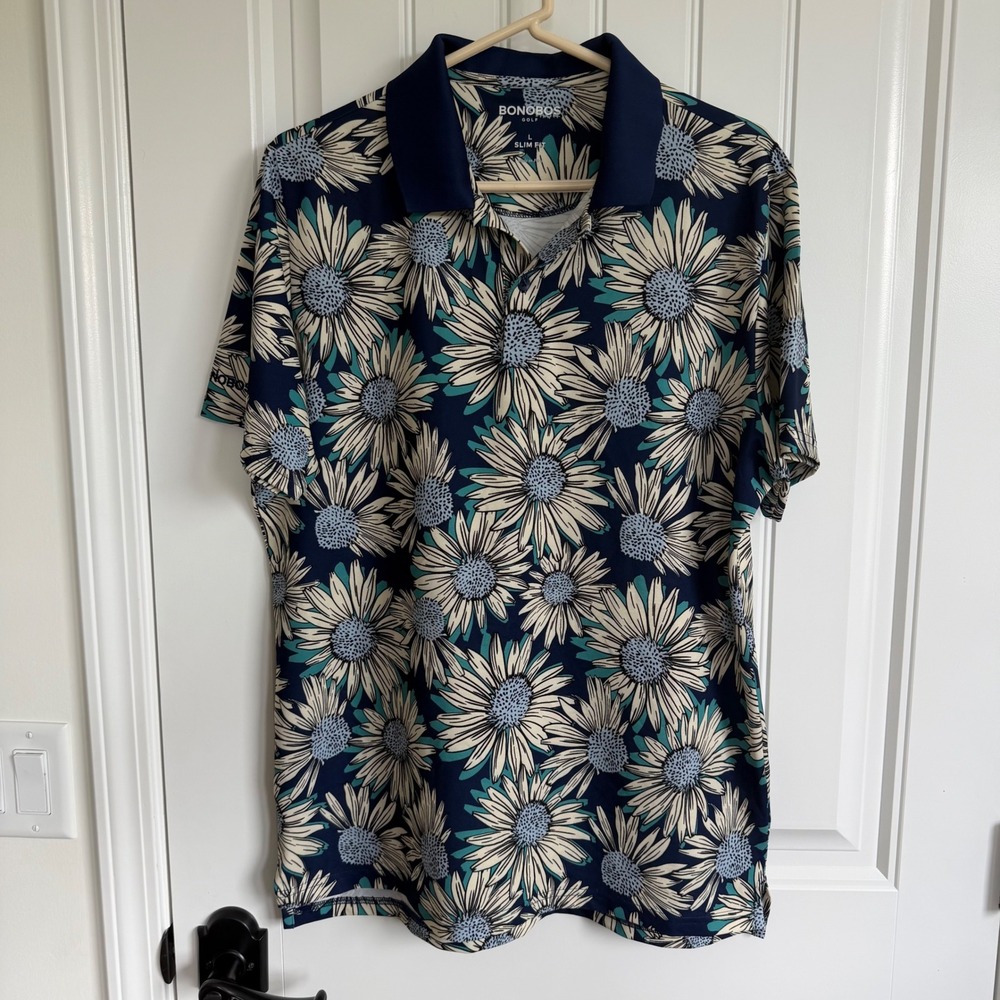 Bonobos Golf Slim Fit Sunflower‎ Floral Print Short Sleeve Polo Men's Large Blue - Picture 2 of 4